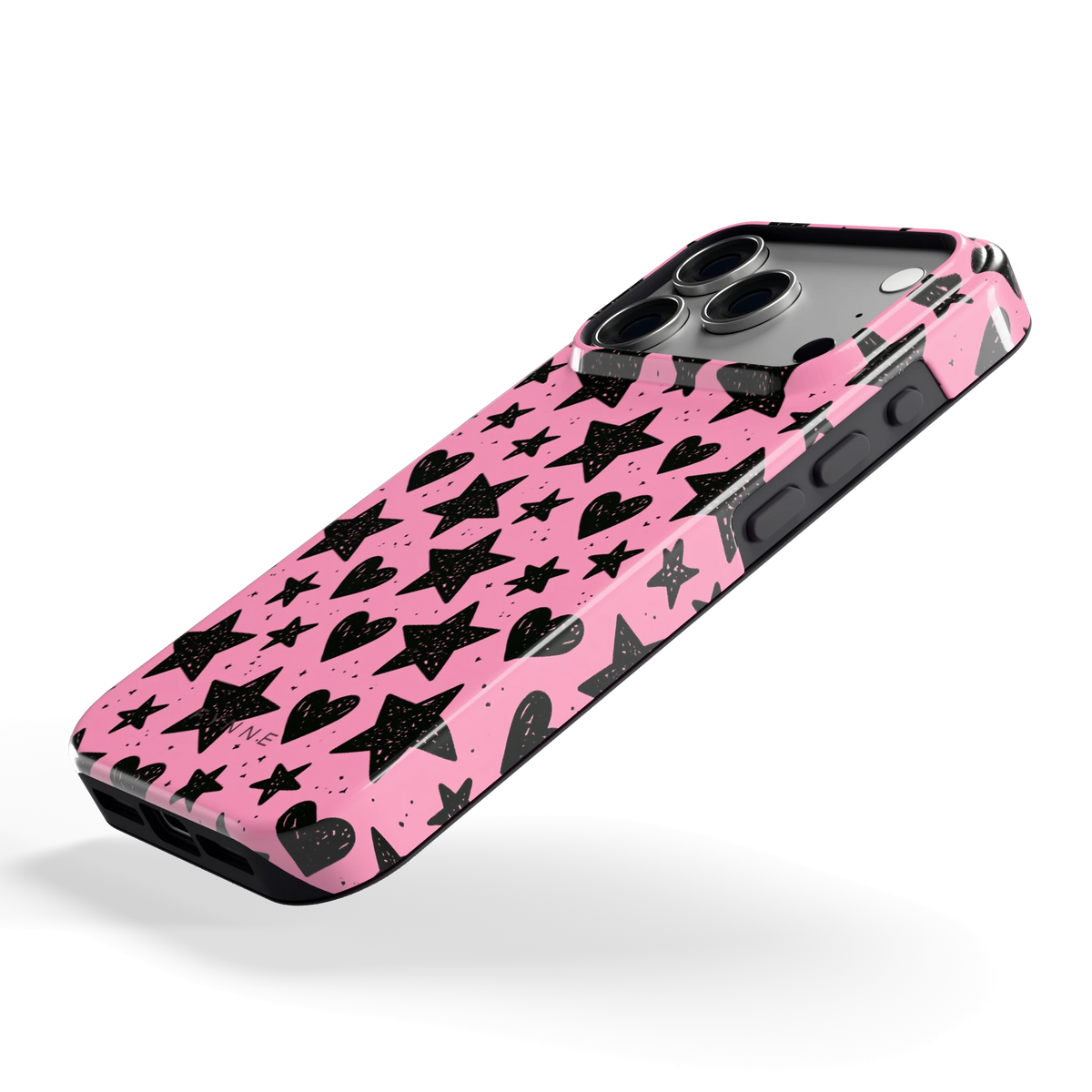 Zwarte sterren en hartjes hoesje voor iPhone 18 Pro, schuin