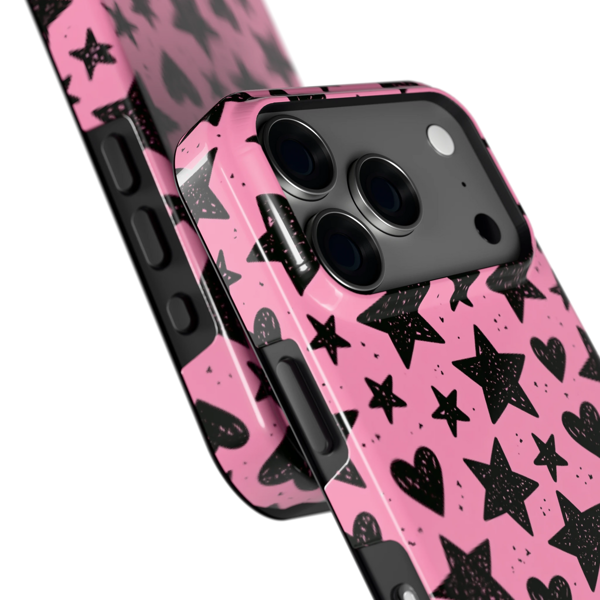 Zwarte sterren en hartjes hoesje voor iPhone 18 Pro, close-up
