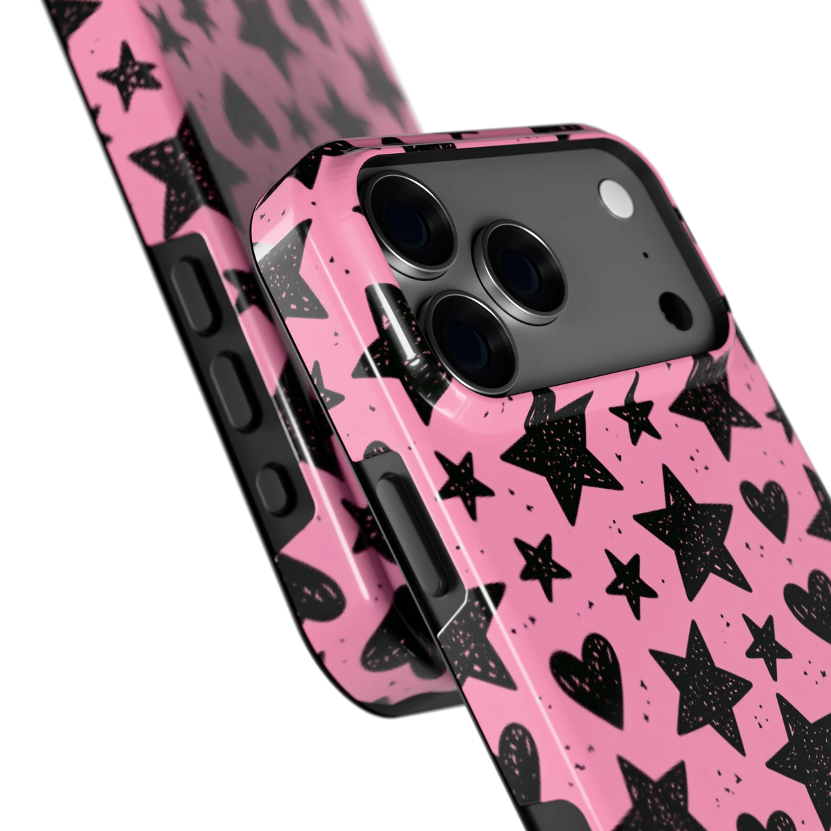 Zwarte sterren en hartjes hoesje voor iPhone 18 Pro Max, close-up