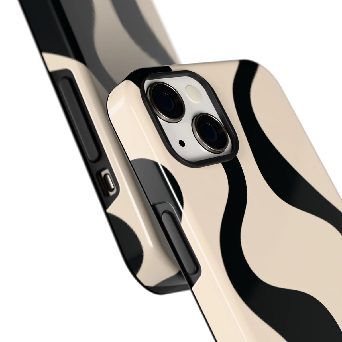 Zwarte golven hoesje voor iPhone 13, close-up
