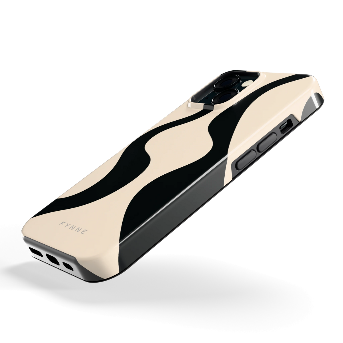 Zwarte golven hoesje voor iPhone 15, schuin