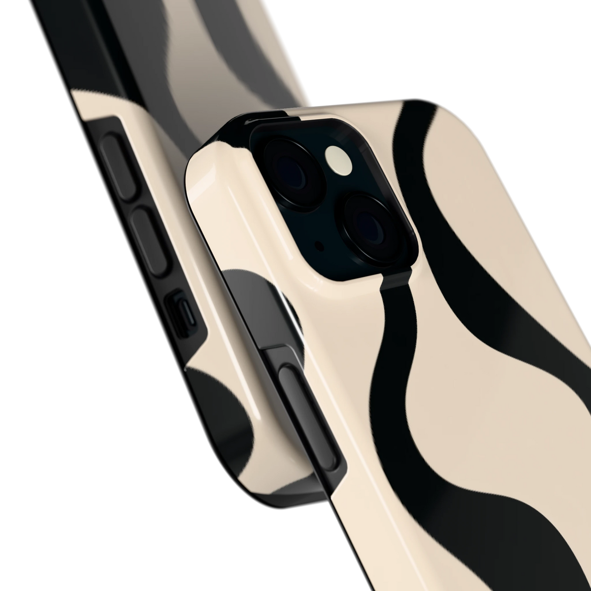 Zwarte golven hoesje voor iPhone 15, close-up
