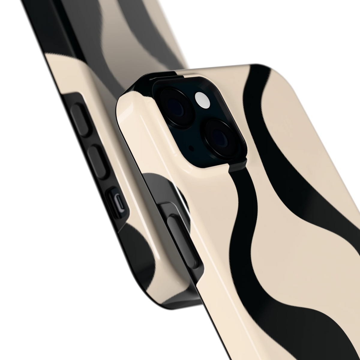 Zwarte golven hoesje voor iPhone 15 Plus, close-up