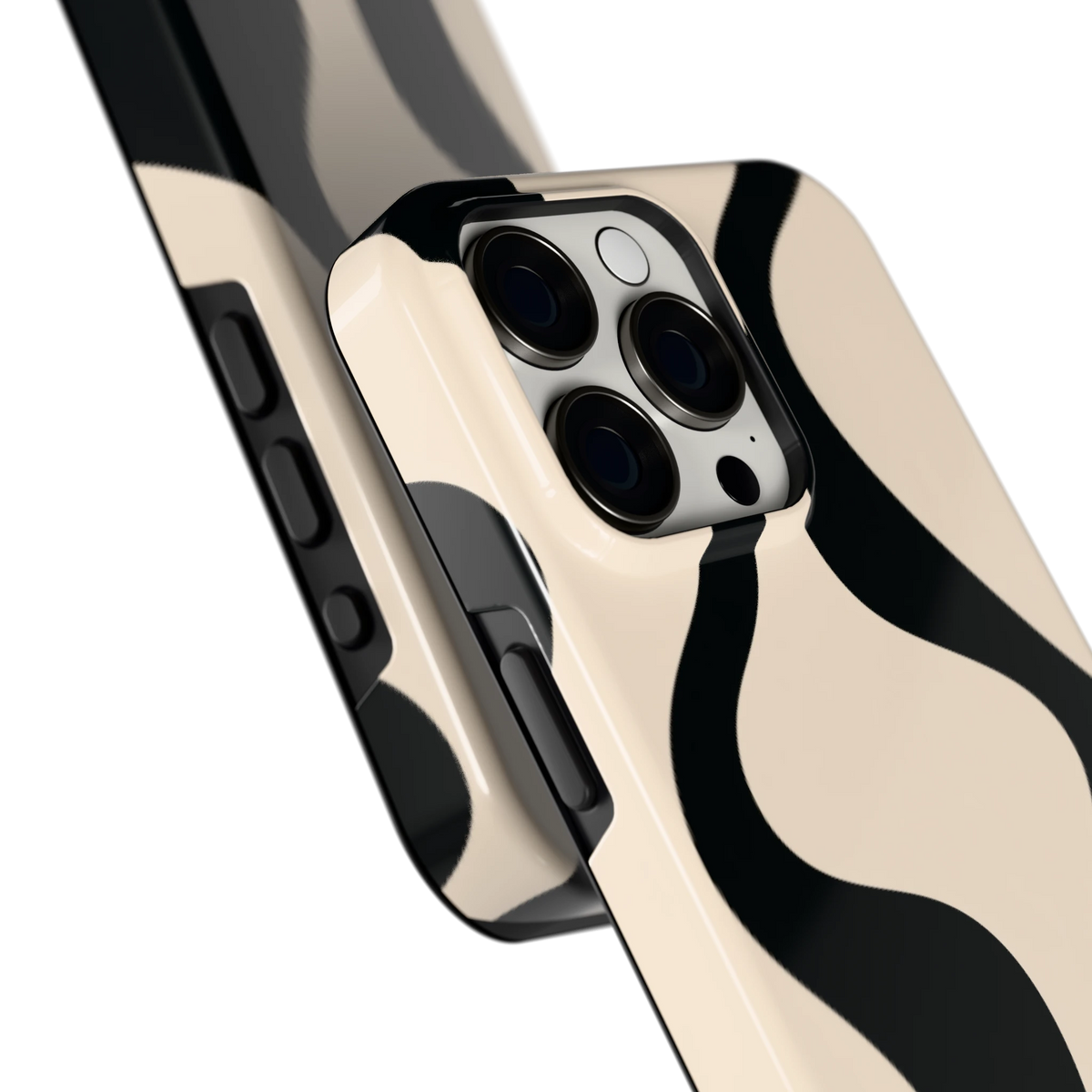 Zwarte golven hoesje voor iPhone 15 Pro Max, close-up