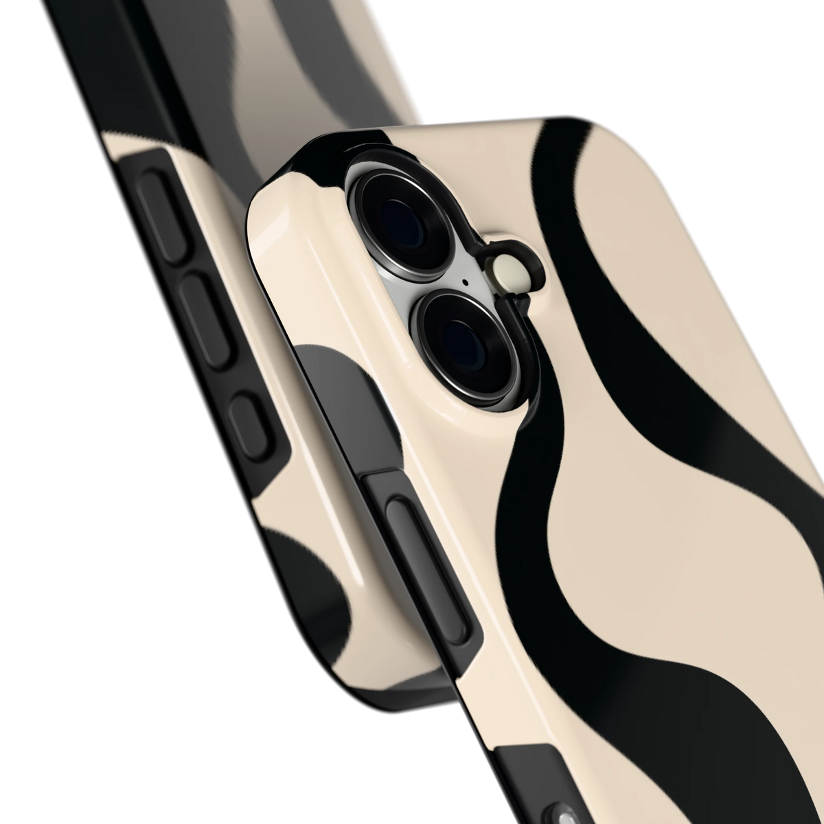 Zwarte golven hoesje voor iPhone 16, close-up