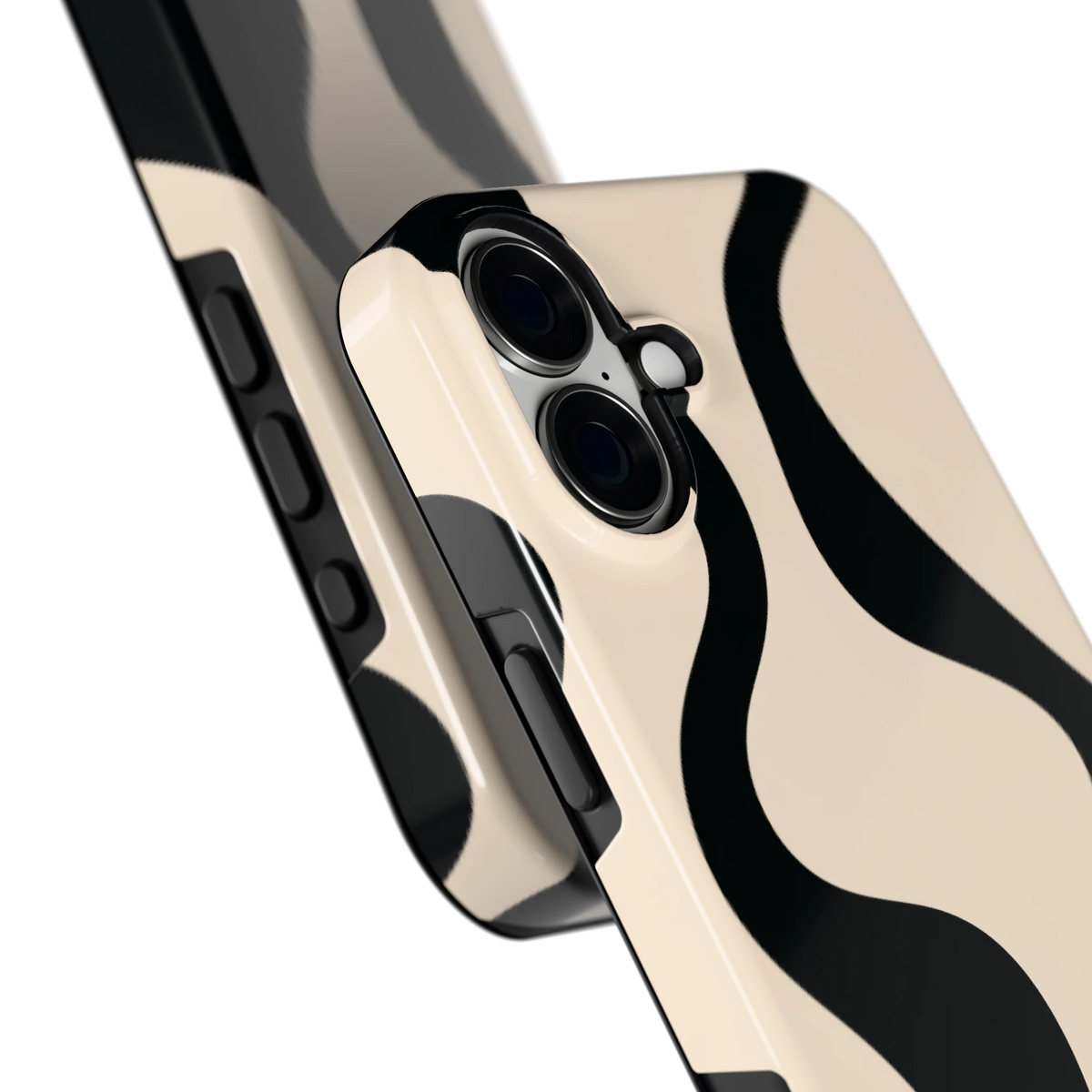 Zwarte golven hoesje voor iPhone 16 Plus, close-up