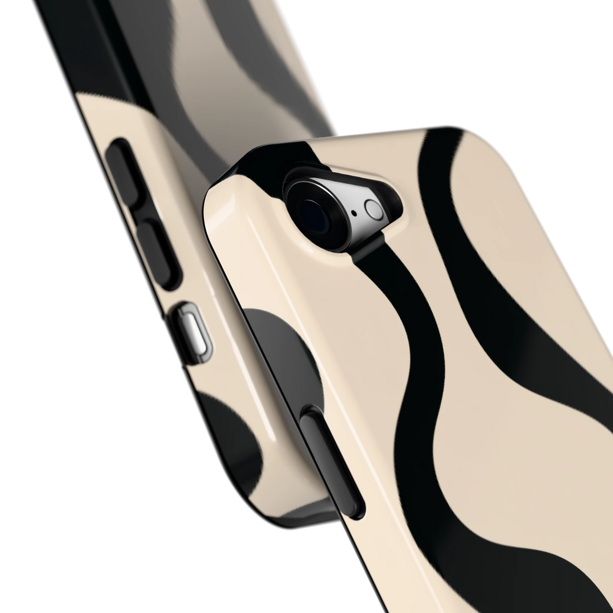 Zwarte golven hoesje voor iPhone 16e, close-up