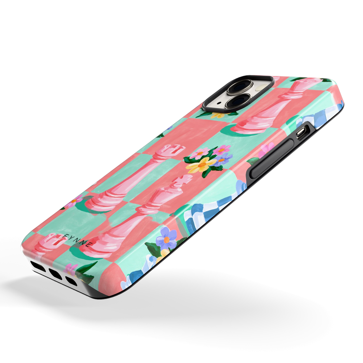 Bloeiend Schaakbord hoesje voor iPhone 13, schuin