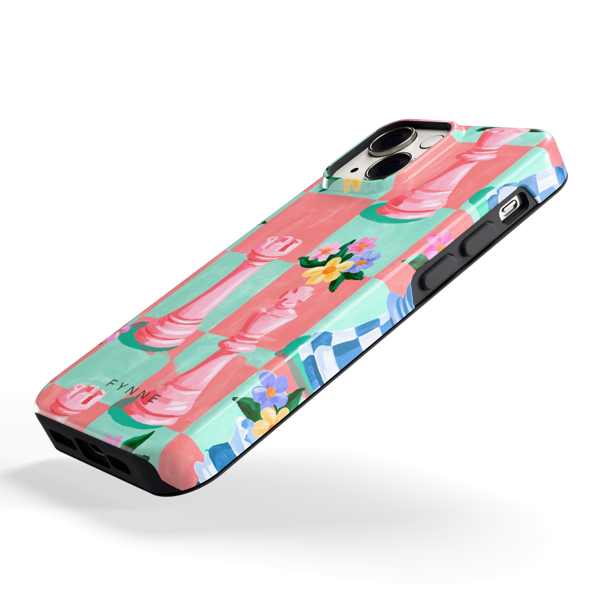 Bloeiend Schaakbord hoesje voor iPhone 13 mini, schuin
