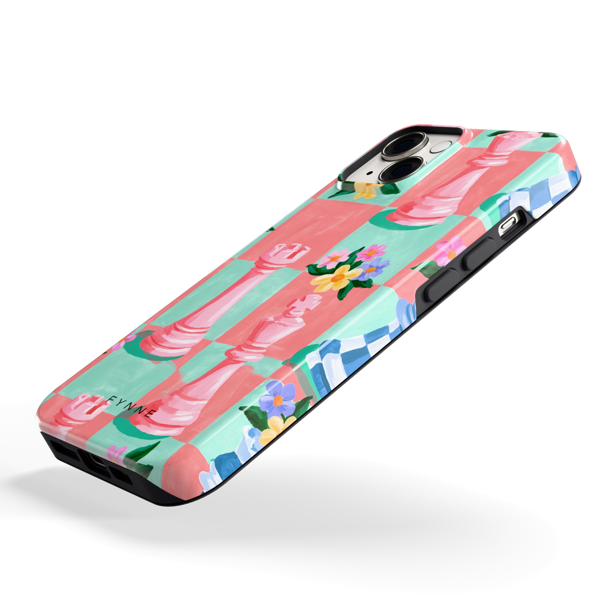 Bloeiend Schaakbord hoesje voor iPhone 14, schuin