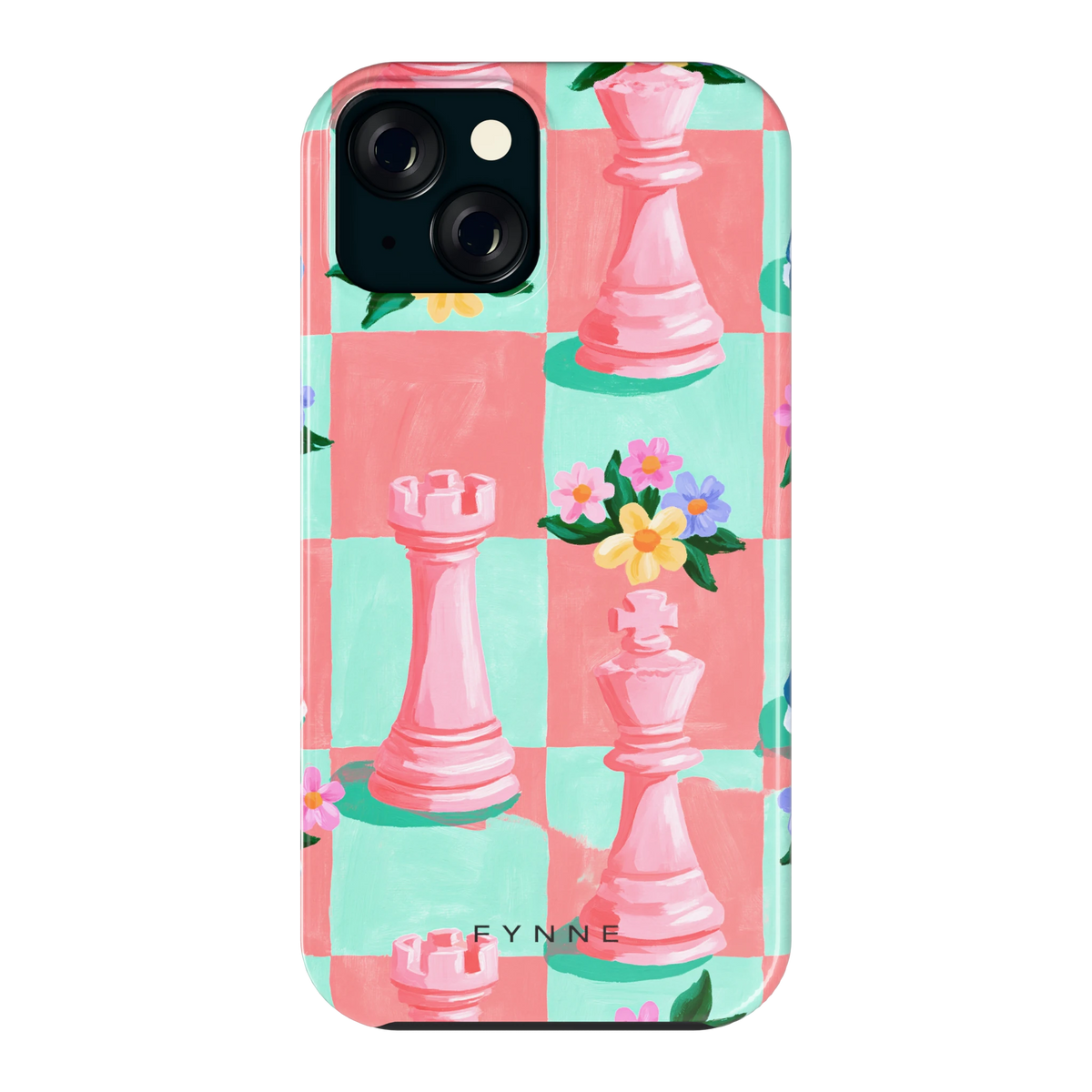 Bloeiend Schaakbord hoesje voor iPhone 15, achterkant