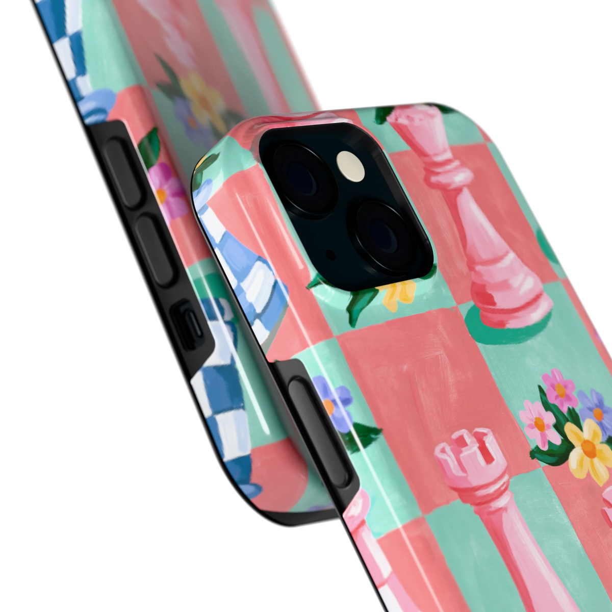 Bloeiend Schaakbord hoesje voor iPhone 15, close-up