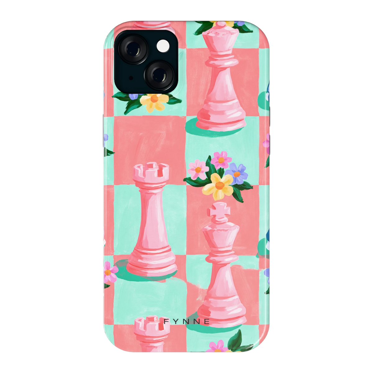 Bloeiend Schaakbord hoesje voor iPhone 15 Plus, achterkant