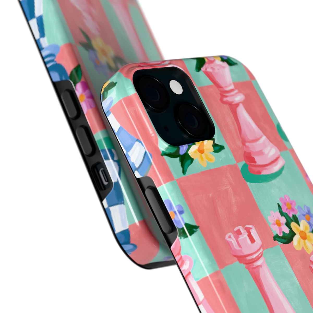 Bloeiend Schaakbord hoesje voor iPhone 15 Plus, close-up