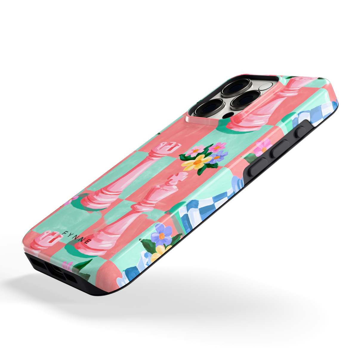 Bloeiend Schaakbord hoesje voor iPhone 15 Pro, schuin