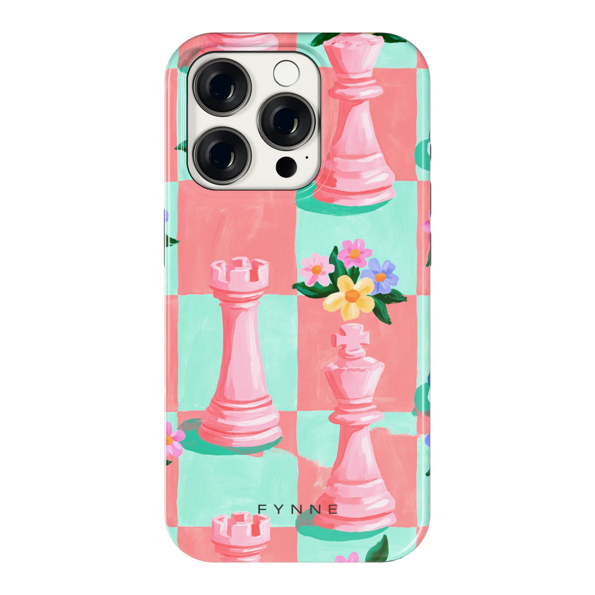 Bloeiend Schaakbord hoesje voor iPhone 15 Pro, achterkant