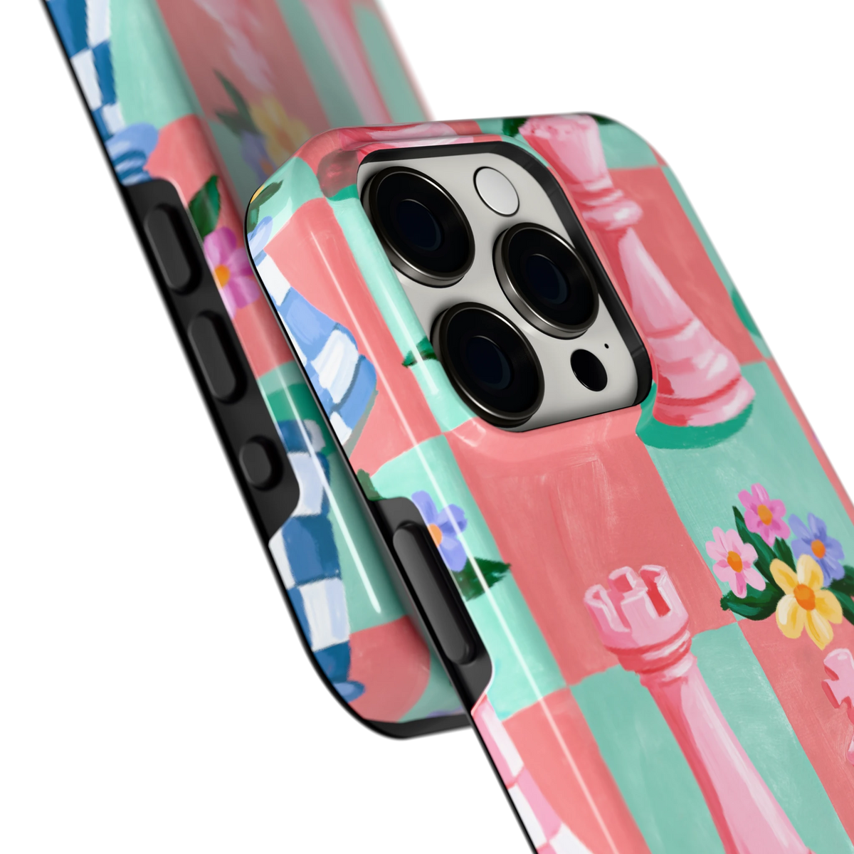 Bloeiend Schaakbord hoesje voor iPhone 15 Pro, close-up