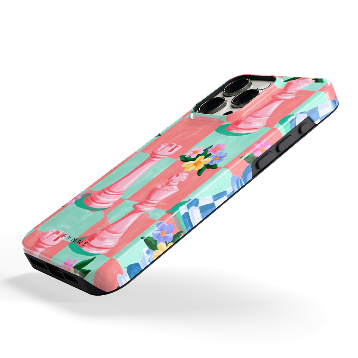 Bloeiend Schaakbord hoesje voor iPhone 15 Pro Max, schuin
