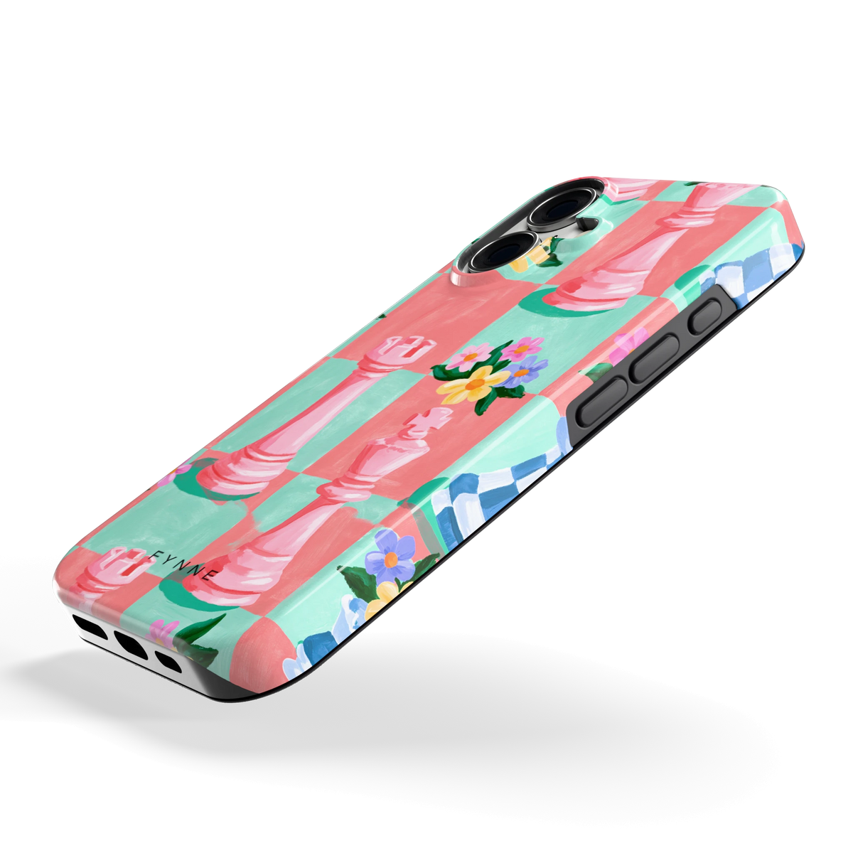 Bloeiend Schaakbord hoesje voor iPhone 16, schuin