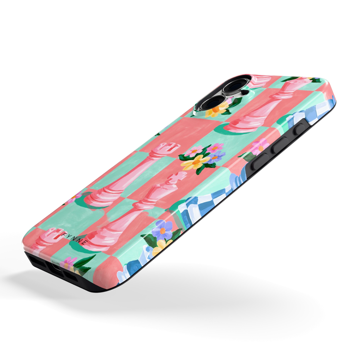 Bloeiend Schaakbord hoesje voor iPhone 16 Plus, schuin