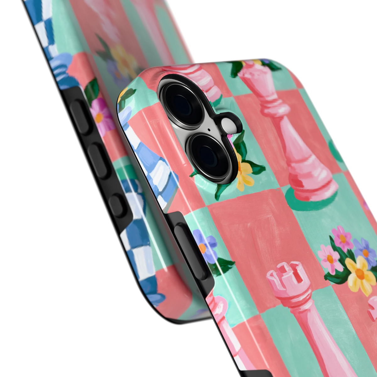 Bloeiend Schaakbord hoesje voor iPhone 16 Plus, close-up