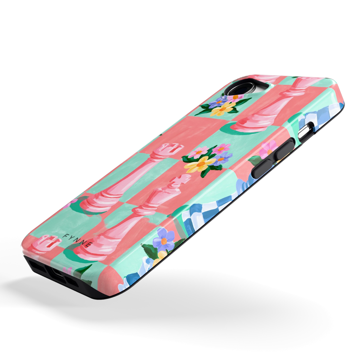 Bloeiend Schaakbord hoesje voor iPhone 16e, schuin