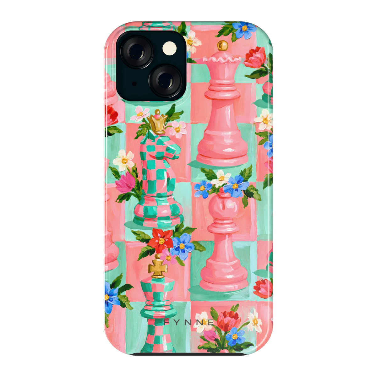 Bloeiend Schaakspel hoesje voor iPhone 15, achterkant