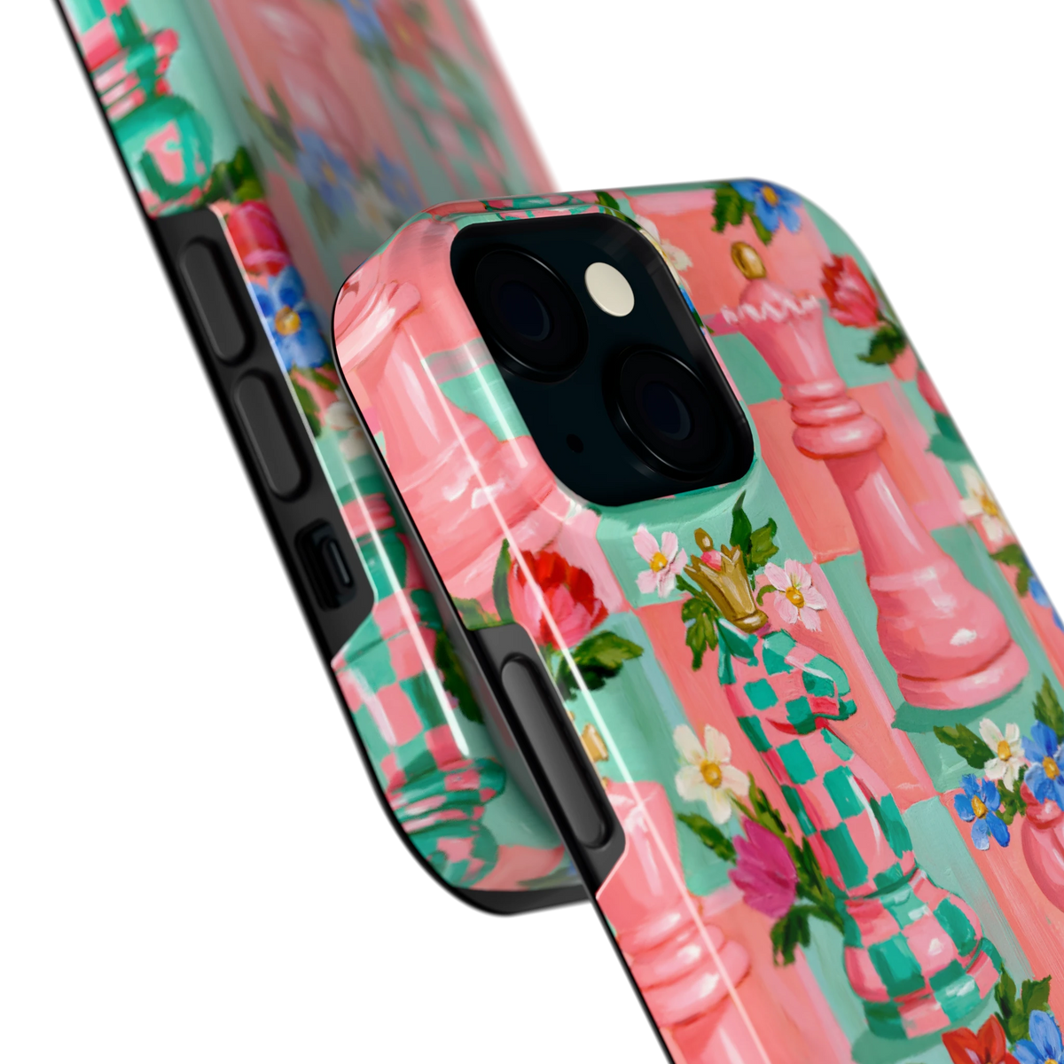 Bloeiend Schaakspel hoesje voor iPhone 15, close-up
