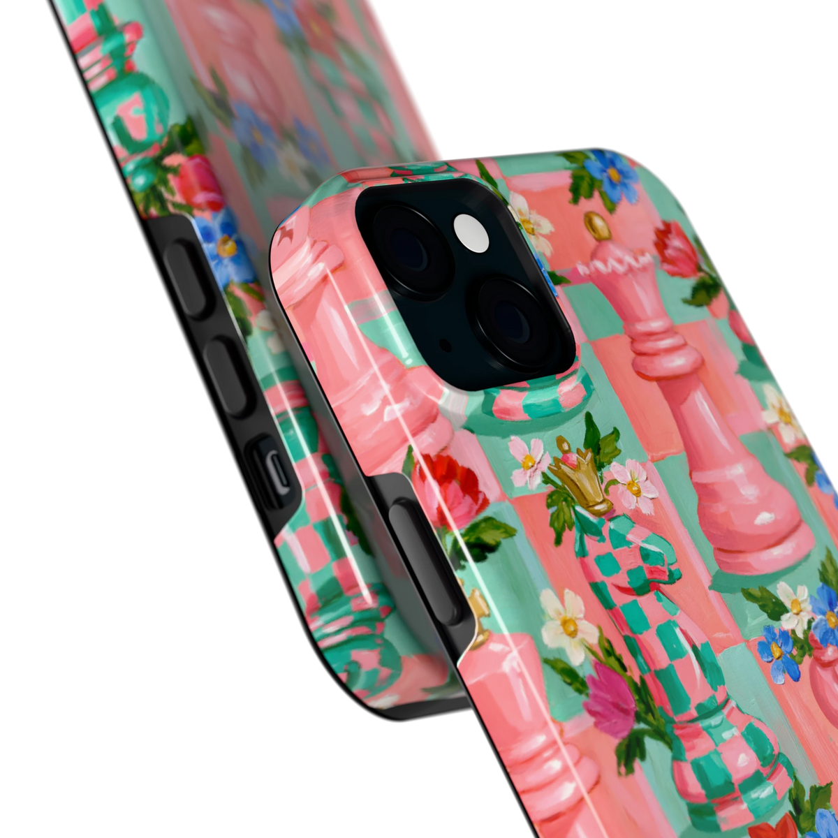 Bloeiend Schaakspel hoesje voor iPhone 15 Plus, close-up