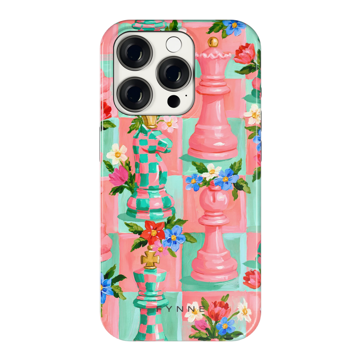 Bloeiend Schaakspel hoesje voor iPhone 15 Pro, achterkant
