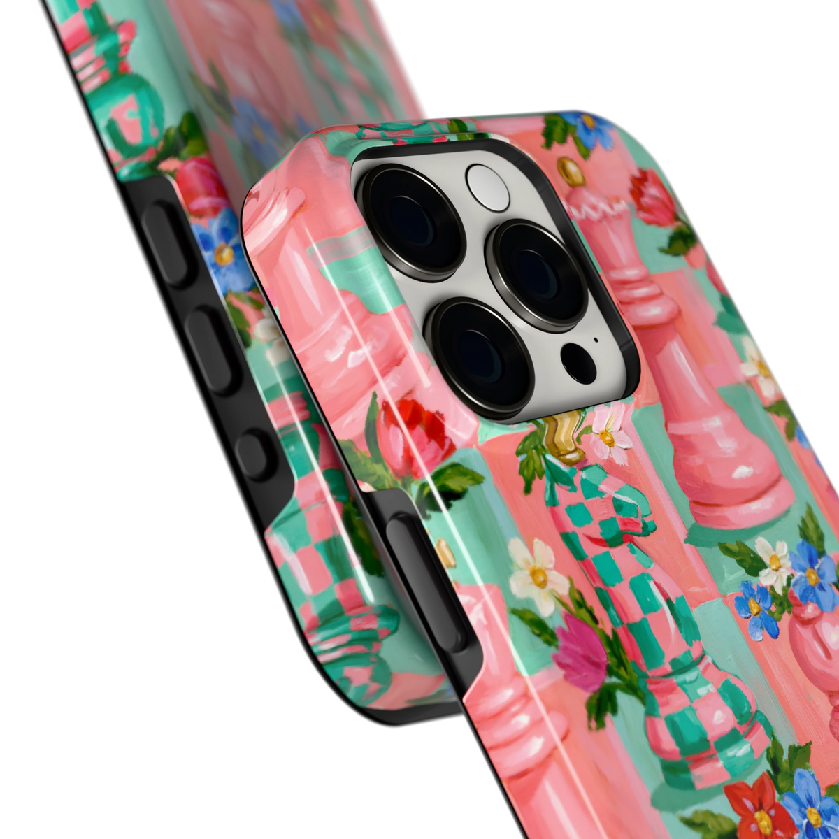 Bloeiend Schaakspel hoesje voor iPhone 15 Pro, close-up