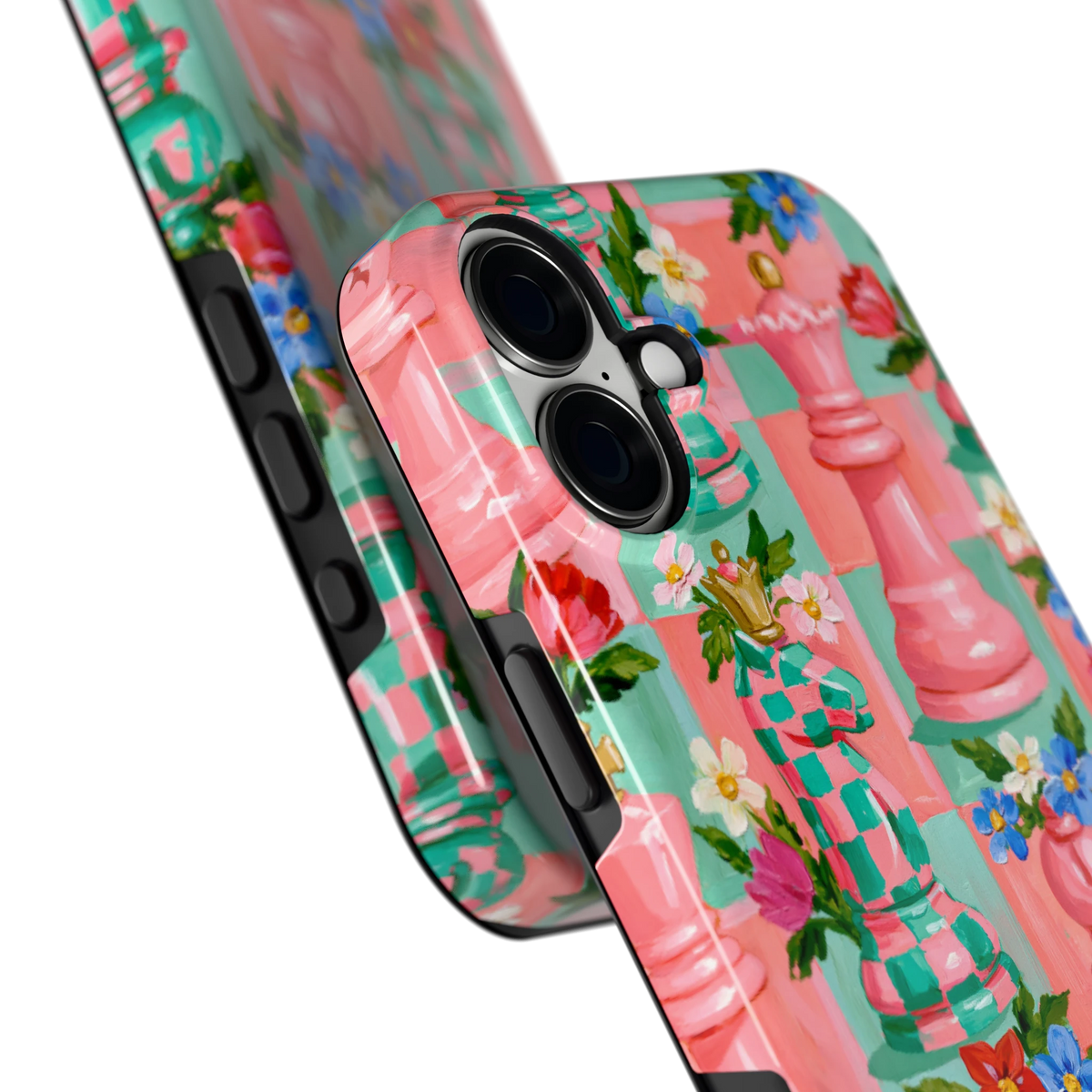 Bloeiend Schaakspel hoesje voor iPhone 16 Plus, close-up