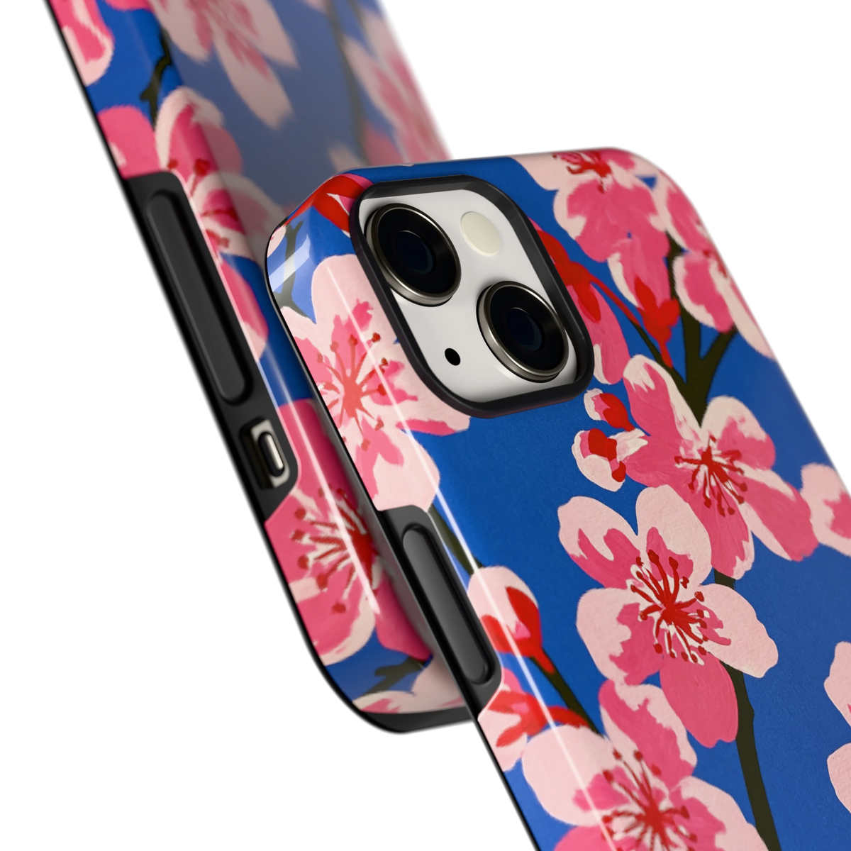 Blauwe Bloesem hoesje voor iPhone 13, close-up