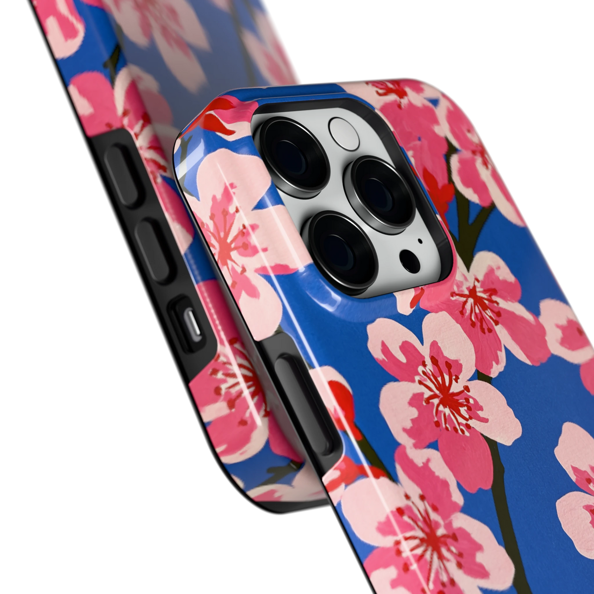 Blauwe Bloesem hoesje voor iPhone 14 Pro, close-up