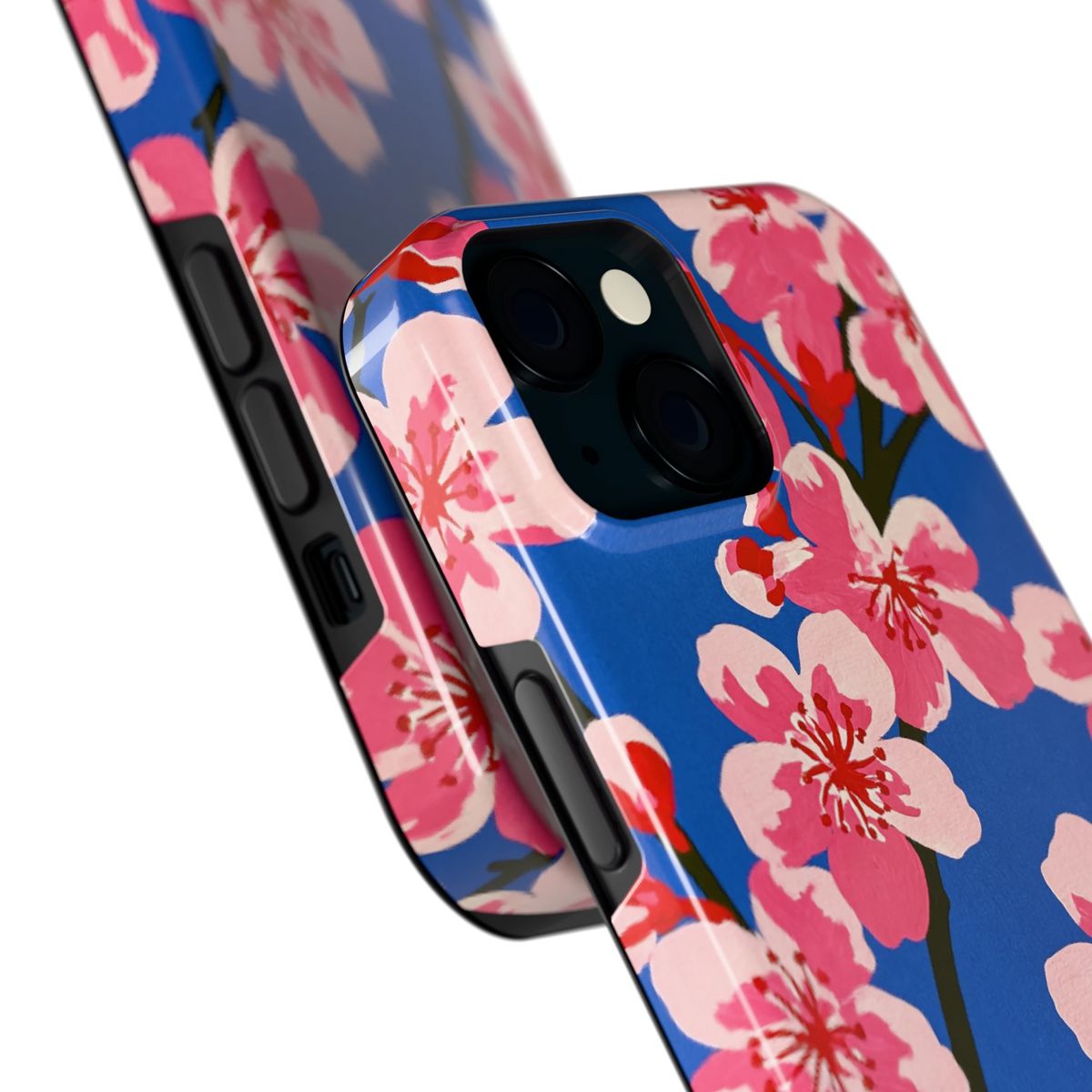 Blauwe Bloesem hoesje voor iPhone 15, close-up