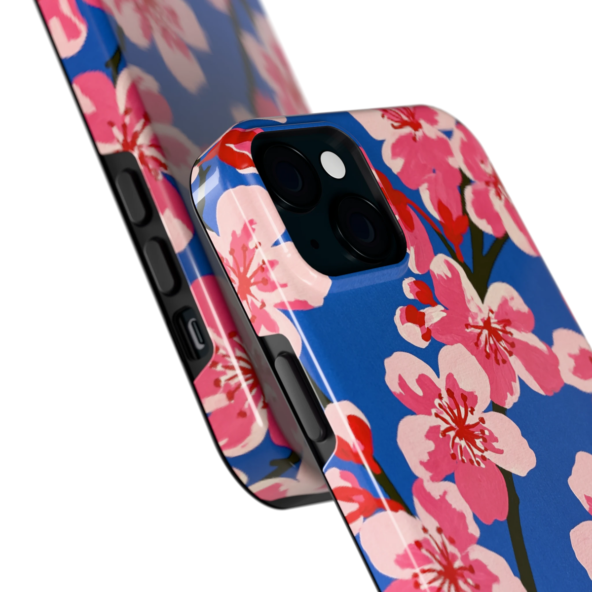 Blauwe Bloesem hoesje voor iPhone 15 Plus, close-up