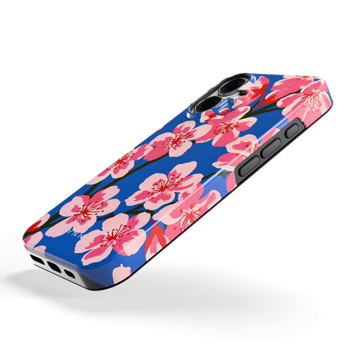 Blauwe Bloesem hoesje voor iPhone 16, schuin