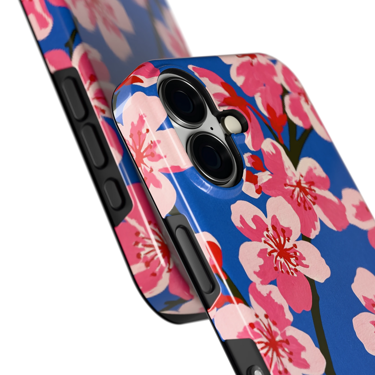 Blauwe Bloesem hoesje voor iPhone 16, close-up