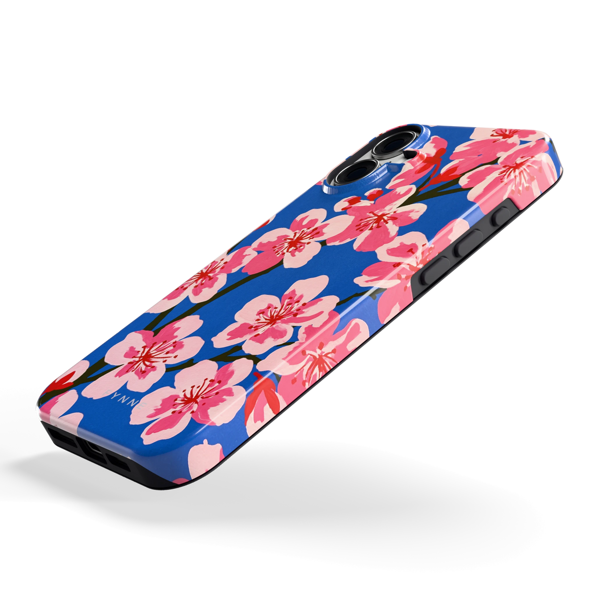 Blauwe Bloesem hoesje voor iPhone 16 Plus, schuin