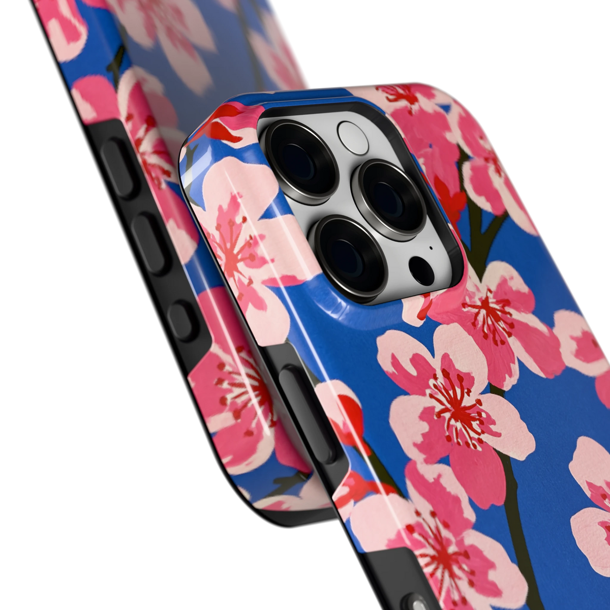 Blauwe Bloesem hoesje voor iPhone 16 Pro, close-up