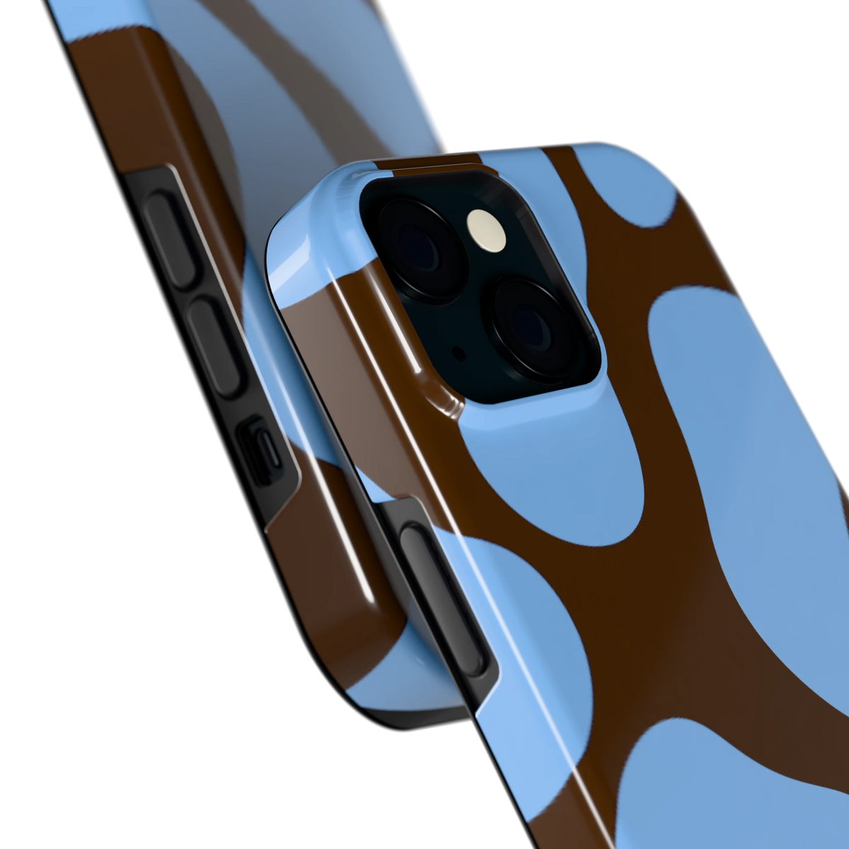Blauwe Bruine Vlekken hoesje voor iPhone 15, close-up
