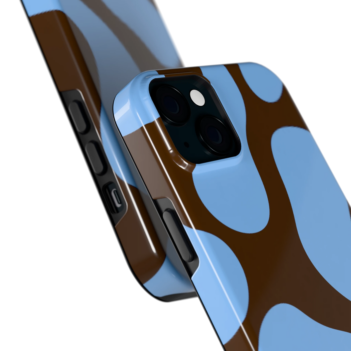 Blauwe Bruine Vlekken hoesje voor iPhone 15 Plus, close-up