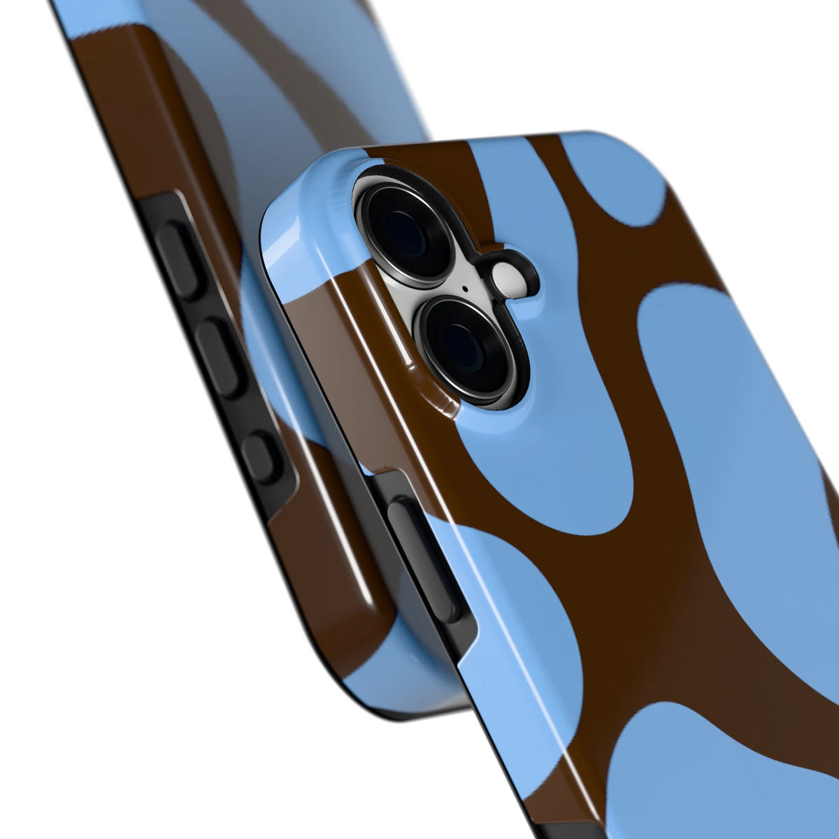 Blauwe Bruine Vlekken hoesje voor iPhone 16 Plus, close-up