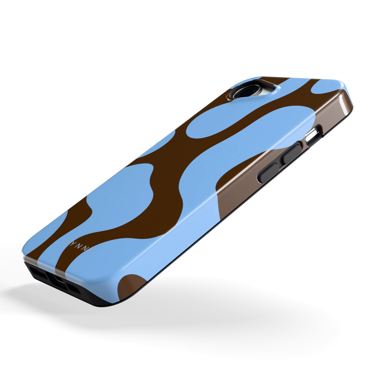 Blauwe Bruine Vlekken hoesje voor iPhone 16e, schuin