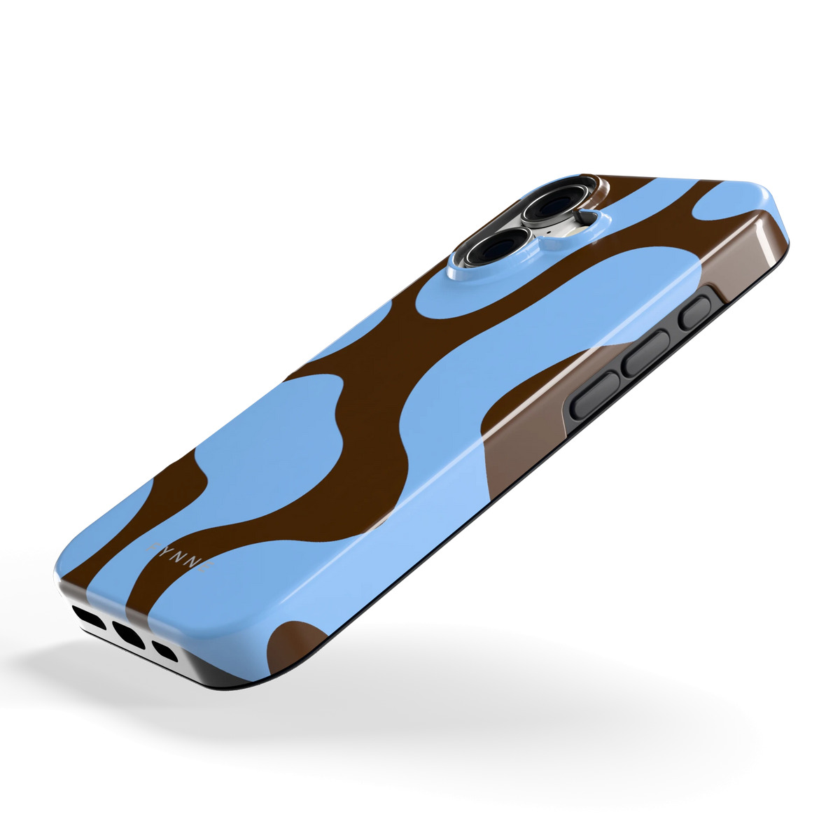Blauwe Bruine Vlekken hoesje voor iPhone 17, schuin
