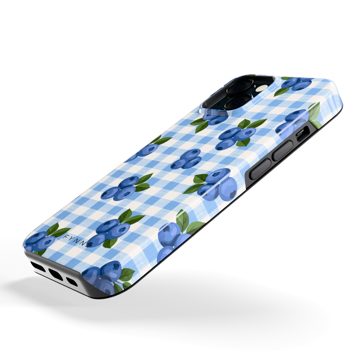 Blauwe Bessen Ruit hoesje voor iPhone 15, schuin