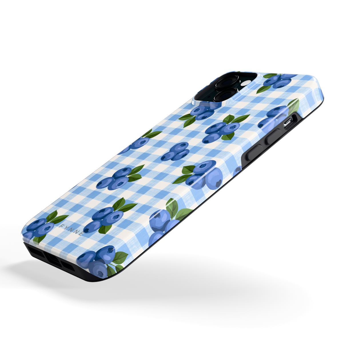 Blauwe Bessen Ruit hoesje voor iPhone 15 Plus, schuin