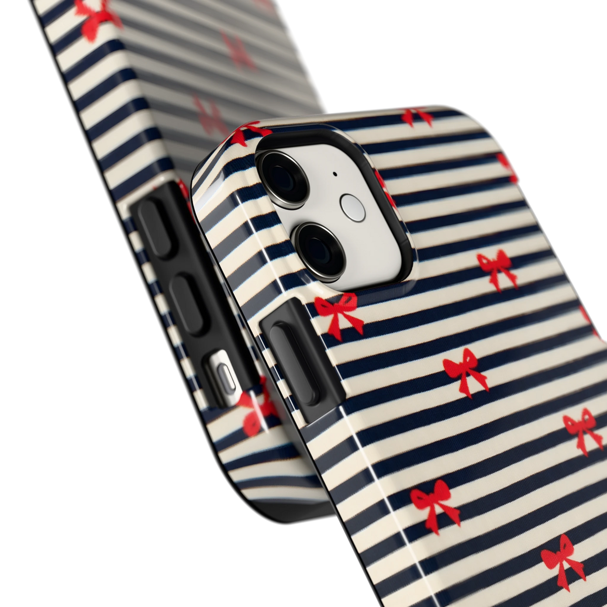 Strikjes op Strepen hoesje voor iPhone 11, close-up