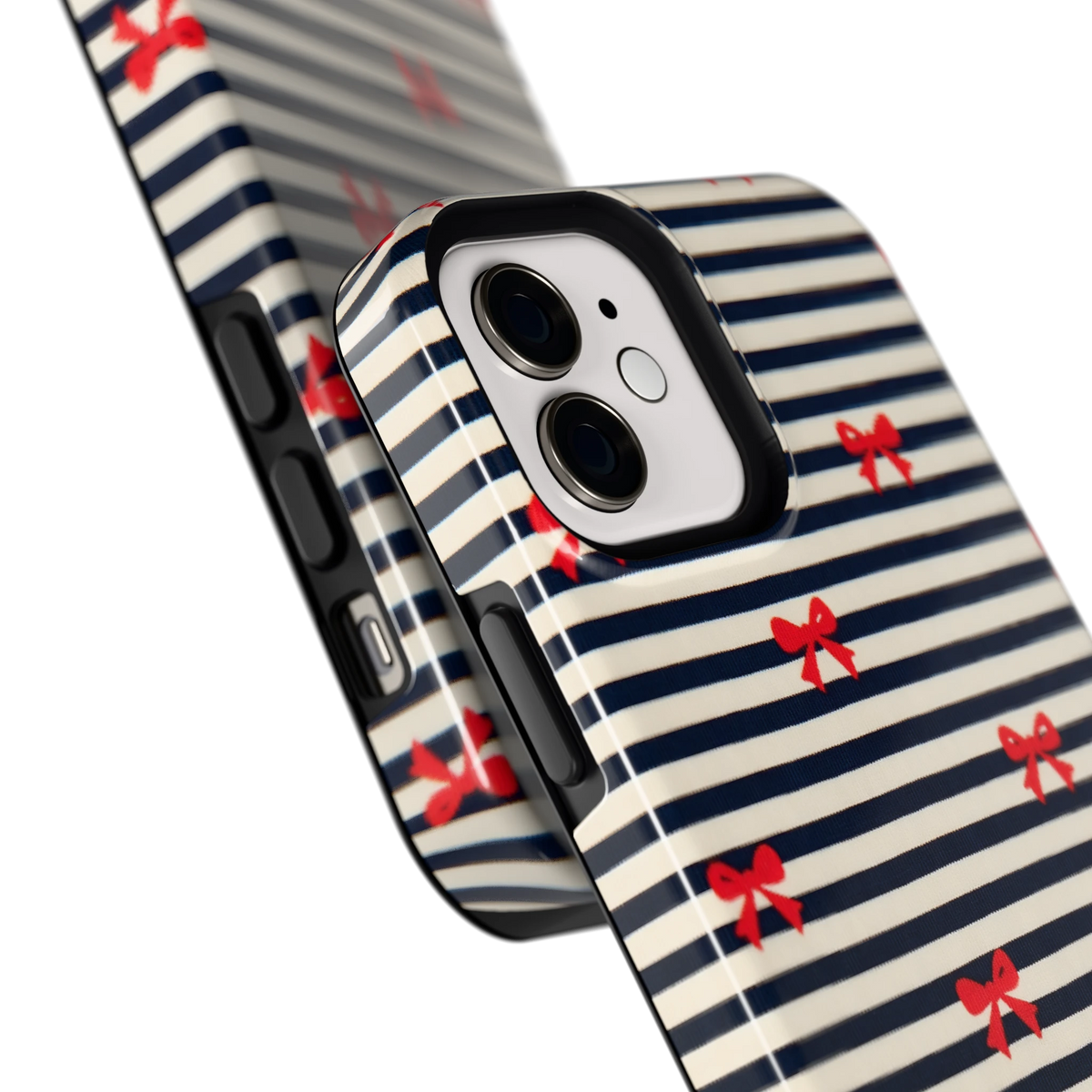 Strikjes op Strepen hoesje voor iPhone 12, close-up