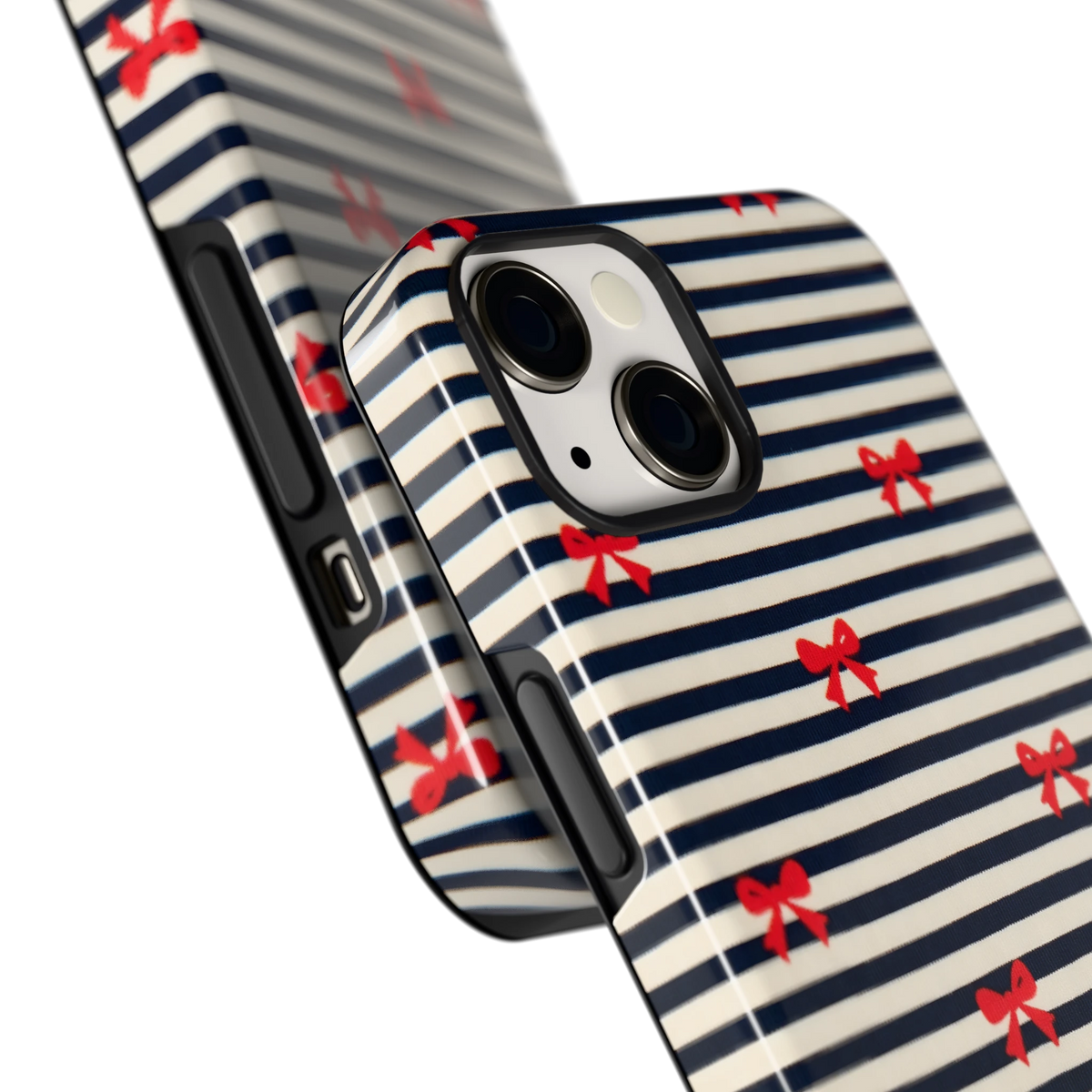 Strikjes op Strepen hoesje voor iPhone 13, close-up